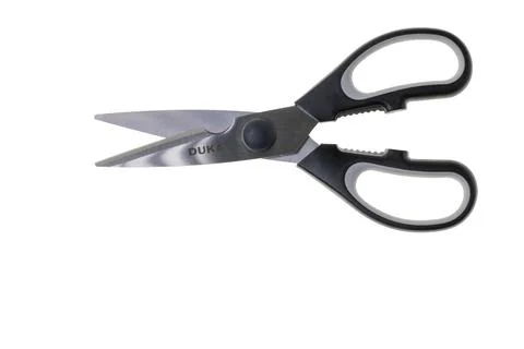 Close up view of kitchen scissors isolated on white background. Foto stock