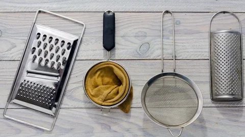 Close up view of kitchen utensil over white background Stock Footage 72170770