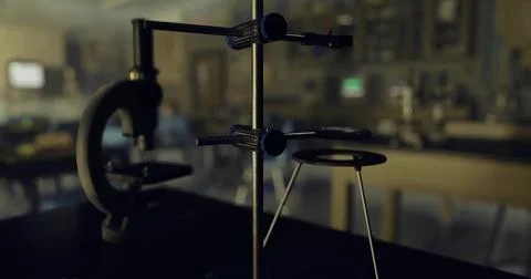 Close up view of laboratory equipment in empty science classroom Stockillustratie