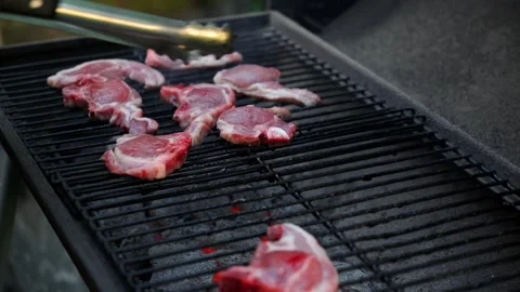 Close up view of a lamb grill on the grill in a backyard or roadside cafe. Stock Footage 284482135