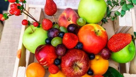 Close-up view of large collection fresh fruits useful for health. Harvesting  Stock Photos