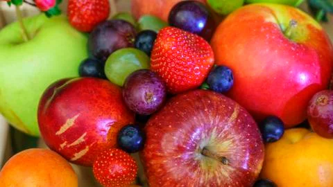 Close-up view of large collection fresh fruits useful for health. Harvesting Stock Photos