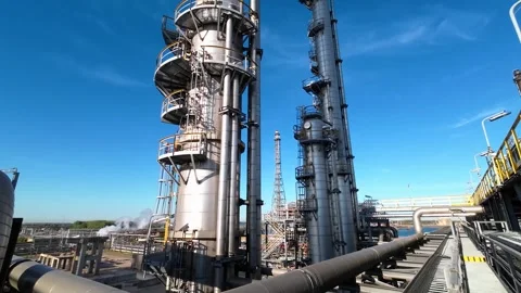 Close-up view of a large industrial processing plant with towering columns Stock Footage 345626266