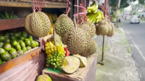 Close-up View of Large Spiky Durian Fruits Hanging at a Local Outdoor Street Video stock 331301155