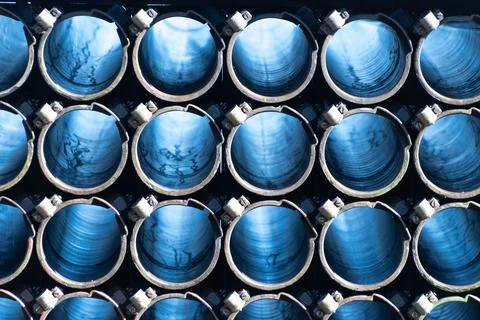 Close-up view of the launch tubes of a multiple rocket launcher system. Stock Photos