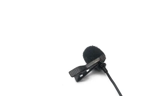 Close-up view of a lavalier microphone with a sponge on a white background Stock Photos