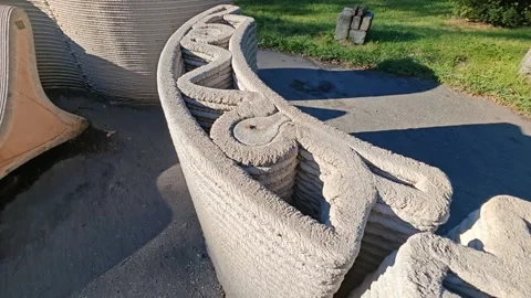 Close view of layered 3D printed concrete wall and organic architectural forms Stock Footage 346415597