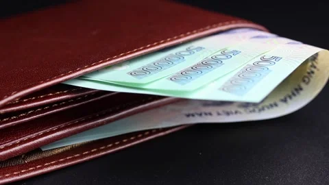 Close up view of leather wallet with Vietnamese dong (VND) banknotes. Stock Footage 304250333