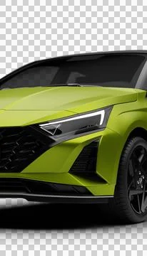 Close-up view of left headlight of green Hyundai i20 2024 showing lighting .. Stock Illustration