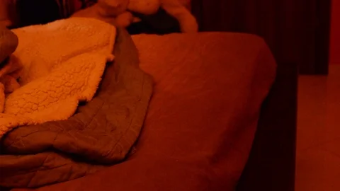 Close-up view of the legs, in the bedroom with dim light. Low light high gain. Видео 120418868