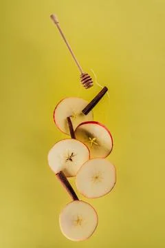 Close view levitating pieces apple Stock Photos