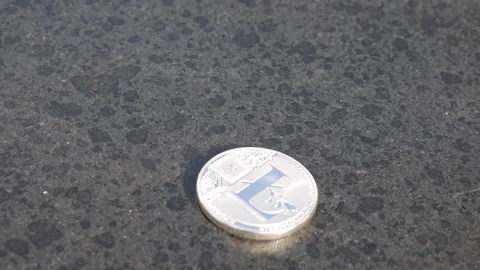 A close up view of a litecoin crypto coin thrown on a table. Stock Footage 281366121