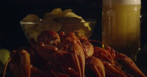 Close up view of lobsters with bear and chips on background Stock Footage 142736157