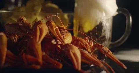 Close up view of lobsters with foamy bear and chips on background in slow motion Stock Footage 142735846