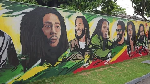 Close View of Long Portrait Mural Along Lawn, Kingston, Jamaica 8K Stock-Footage 340364625