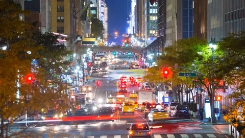 Close Up View Looking Down 42nd Street in Midtown Manhattan at Night Video stock 90098423
