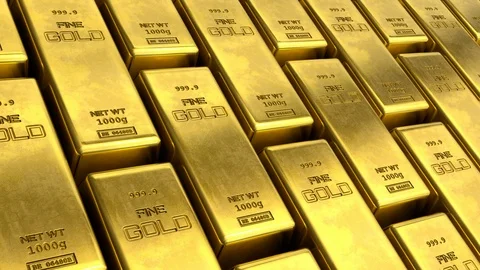 Close-up view Loopable video of aligned rows of fine gold bars. Stock Footage 111402462