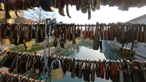 Close up view of love lock padlocks. Ljubljana city Butcher's bridge Stock Footage 128080250