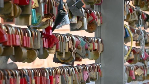 Close up view of love locks, Butcher’s Bridge, Ljubljana, Slovenia Stock Footage 155881328