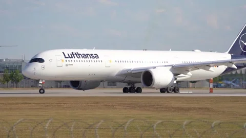 Close up view of a Lufthansa passenger airplane departure Stock Footage 249679301