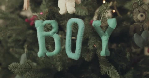 Close view of luminous Christmas tree with handmade letters with name "BOY" Stock-Footage 147218661