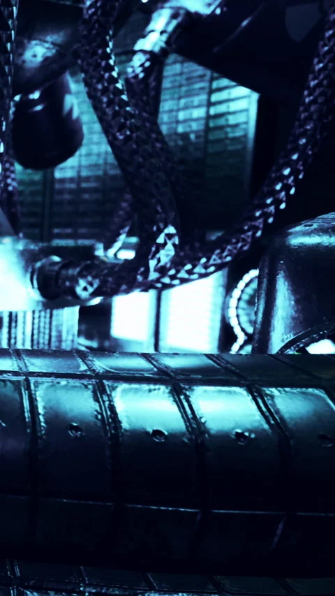 Close view of machinery with pipes and wires in a dark setting Stock Footage 337951829