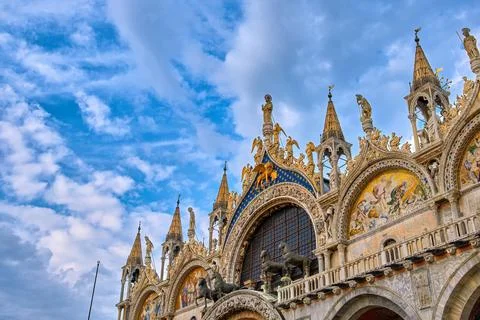 Close-up view of main facade of St Mark's cathedral, Venice. Italy. UNESCO World Stock Photos