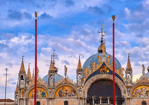 Close-up view of main facade of St Mark's cathedral, Venice. Italy. UNESCO World Stock Photos