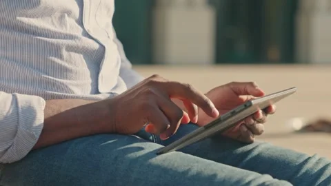 Close up view of male hands touching tablet screen. Zoom shot of male hands Stock Footage 278907867