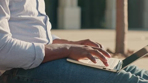 Close up view of male hands touching laptop keyboard. Zoom shot of male hands Stock Footage 278910892