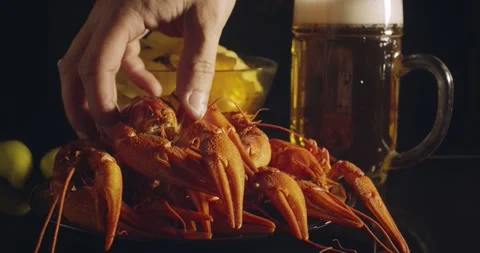 Close up view of man arm taking lobsters with bear and chips on background Stock Footage 142736183