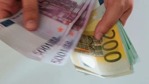Close up view of man hand counting euro money bills - european currency, mone Stock Footage 129510592