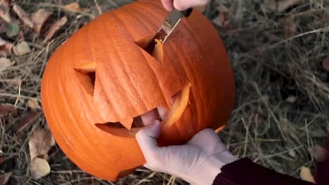 Close up view of man hand cutting pumpkin head jack lantern Stock Footage 252325258