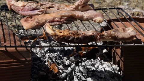 Close up view of man hands cooking roast beef meat. Outdoors barbecue, protein g Stock-Footage 128062756