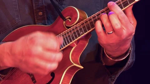 Close up view as man plays mandolin instrument during live concert Stock Footage 339863015