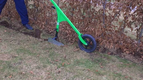 Close up view of a man removing excess sod under bushes in early spring. Video stock 150056103
