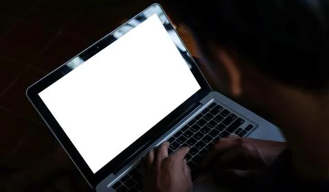 Close up view man using laptop computer. Blank screen Stock Photos
