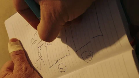 Close-up view of man's hands writing something in the note-book. Planning Stock Footage 257679757