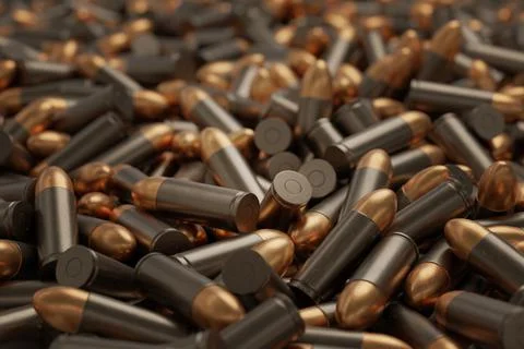 Close-up view on many bullets. 3D rendered illustration. Stock Photos