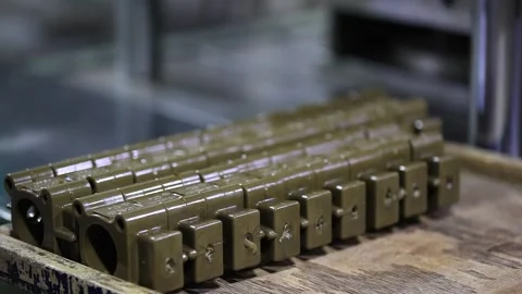 Close - up view many casting part arrange of tray, industrial safety first Stock Footage 297194858