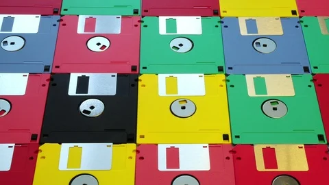 Close up view of many colored computer floppy disks. Stock Footage 104865084