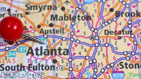 Close-up view of a map of the Atlanta city and its suburbs in Georgia, USA. Stock Footage 320982446