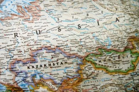 Close-up view of the map with focus on Russia Stock Photos