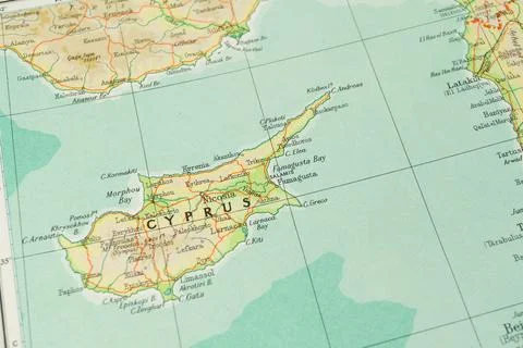 This is a close-up view of a map showing Turkey and Cyprus, an island in th.. Stock Photos