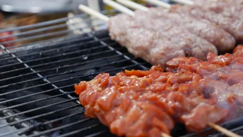 Close-up view of marinated meat and minced kebabs grilling over red-hot charcoal Stock-Footage 307378320