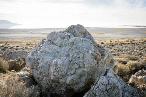 Close-up view of a massive rock formation on Antelope Island, Utah Stock Photos