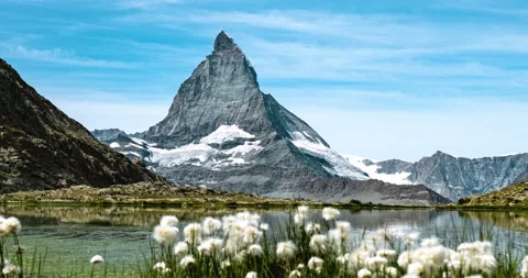 Close-up view of Matterhorn behind mountain flowers in Riffelsee Lake Stock Footage 158393390