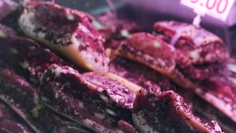 Close up view of a meat display in a fridge. Stock Footage 135395030