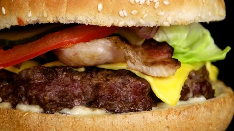 Close-up view of meat or beef burger with cheese Stock Footage 75254018