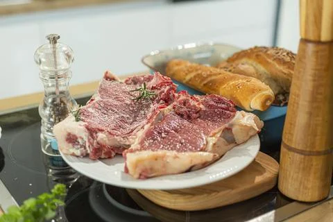 A close-up view of the meat steak ready for grill. Stock Photos